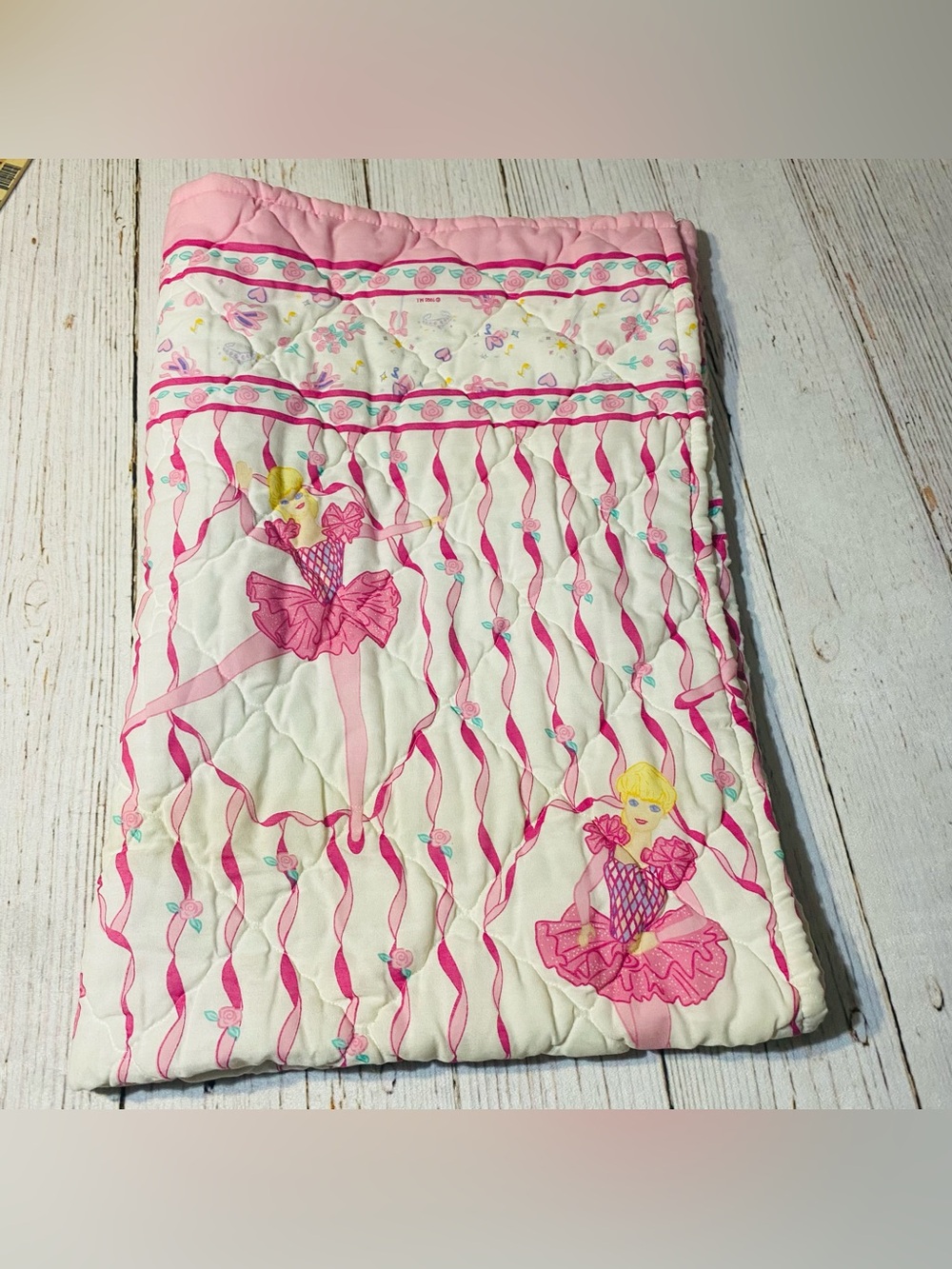 Vintage 1995 Barbie Ballerina Comforter Blanket 90s Dance Pink Ribbon & Floral